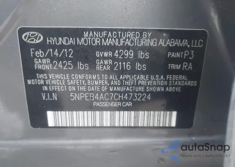 2012 Hyundai Sonata Gls из США, поврежденный, VIN 5NPEB4AC7CH473224